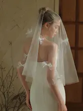 シンプルな白のリボン付きウェディングベール【結婚証明・撮影用】