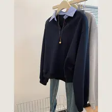 ダークブルー ポロ襟デザインの長袖カットソー【薄手・ショート丈・レディース】