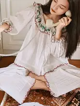 清新な少女感漂う外出可能な刺繍入りコットン長袖パンツパジャマ【春向け・家着・極上の柔らかさ】（セットアップ対応）