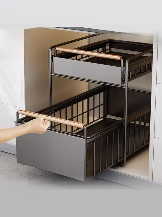 キッチンキャビネット用引き出し式調味料収納ラック【水切り・分層デザイン】