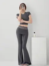 レースレイヤードのフレアパンツ【女性向け・エラスティック・美脚効果・ハイウエスト】