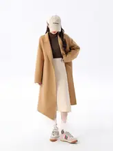 小柄向けのキャメル色ダブルフェイスカシミアコート【厚手・中長丈・シンプルデザイン】