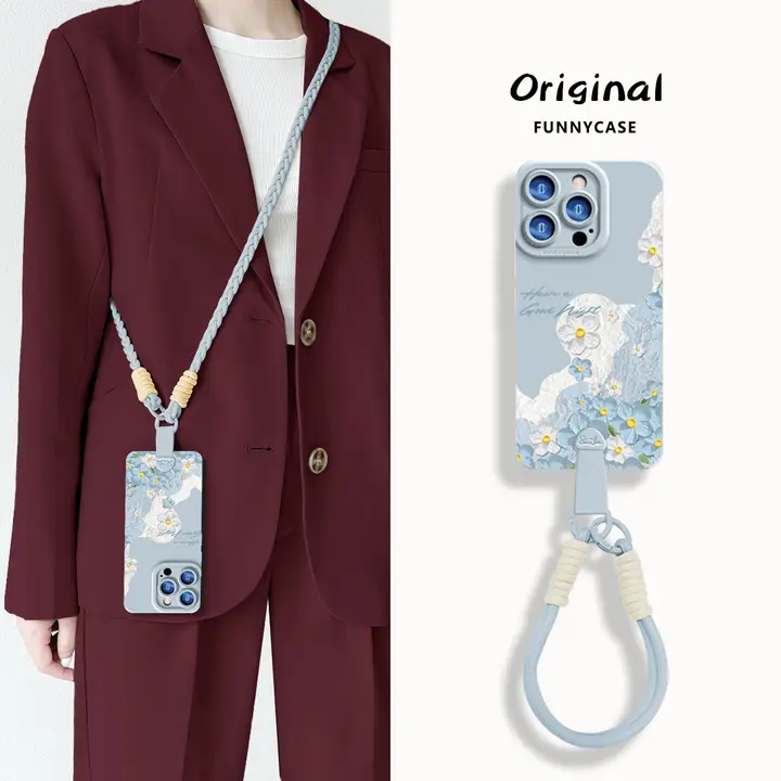 iPhone 16 Pro Max対応 シリコン製全包みスマホケース【花柄・ストラップ付き・クリエイティブデザイン】