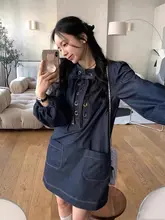 クロスストラップデザインのデニムワンピース【春向け・ゆったりシルエット・バルーンスリーブ・ショートスカート】（セットアップ対応）