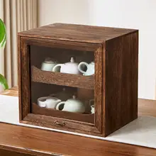 天然木製 茶具収納キャビネット【防塵・ディスプレイ用・抽斗付き】