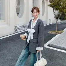グレー レース付きリボン ダブルフェイスコート【女性用・カジュアル・冬向け】