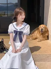 かわいい水手服海軍風ワンピース【白色・学院スタイル・半袖】（セットアップ対応）