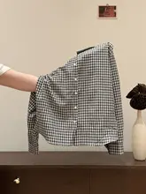 白黒チェック柄長袖シャツ【ポロ襟・刺繍デザイン・ゆったりシルエット】（セットアップ対応）