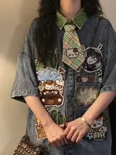 夏季デザインのアメリカンビンテージ風カジュアル刺繍デニムシャツ【ゆったりシルエット・短袖】
