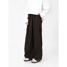 春夏用ビンテージ風カフェ色チェックストレートパンツ【男・したスタイル・ゆったり】