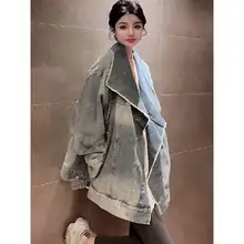 ユニセックスビンテージ風デニムジャケット【大きいサイズ・春用・大襟・フィット】（セットアップ対応）