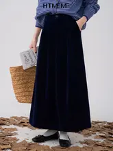 HTmeme ヴィンテージ風 深い青のベロアミディスカート【秋冬用・女性用】