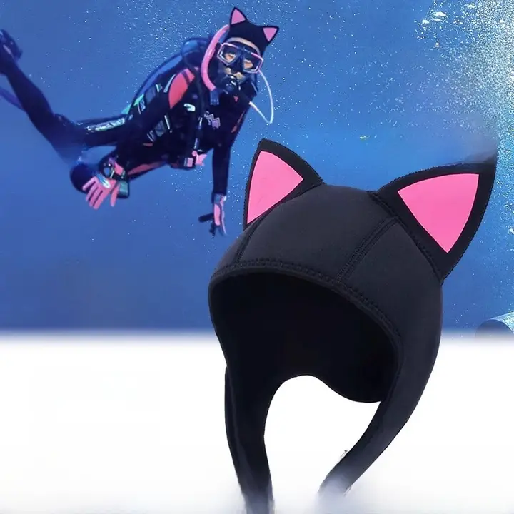 可愛い猫耳デザインの顔隠れスイミングキャップ【日焼け防止・サーフィン用】