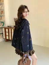 レトロ刺繍デニムジャケット【光沢感あるコーデュロイ・ラフなファスナー付き・カジュアルデザイン】