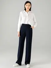 羊毛製のストレートパンツ【秋用・ダークブルー・通勤・スリムデザイン】