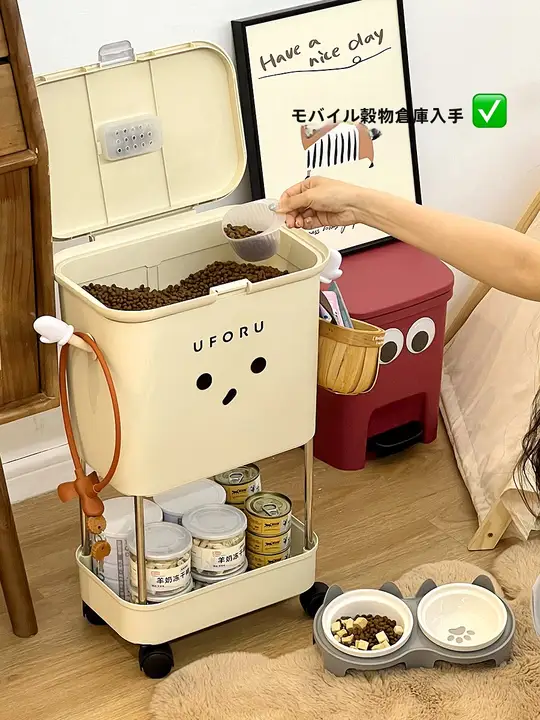 ペット用品 キャットフード・ドッグフード用収納カート【密閉容器・食品グレード・移動可能】