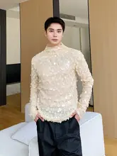 季節感あるビジュー付きスタンドカラー長袖タイトTシャツ【ユニセックス・舞台演出用】