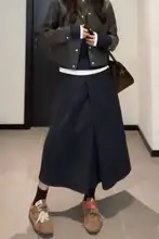 深紺色Aラインハイウエストスカート【大きいサイズ・梨型体型に最適・ミディ丈】（セットアップ対応）
