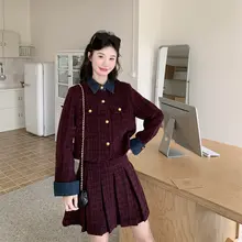 デニムとプリーツスカートのコンビネーショントップス【春秋用・高級感あるデザイン】（ セットアップ対応）