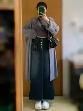 レトロデザインのデニムハイウエストスカート【Aライン・ロング丈・ゆったりサイズ】