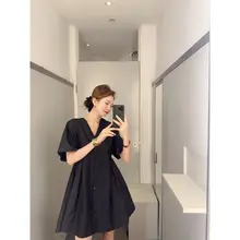 Vネックボタンデザインのシャツワンピース【ウエストマーク・Aライン・黒・長袖】（セットアップ対応）