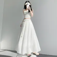 白色のプリーツミディスカート【ハイウエスト・リボン付き・Aライン・フレア】