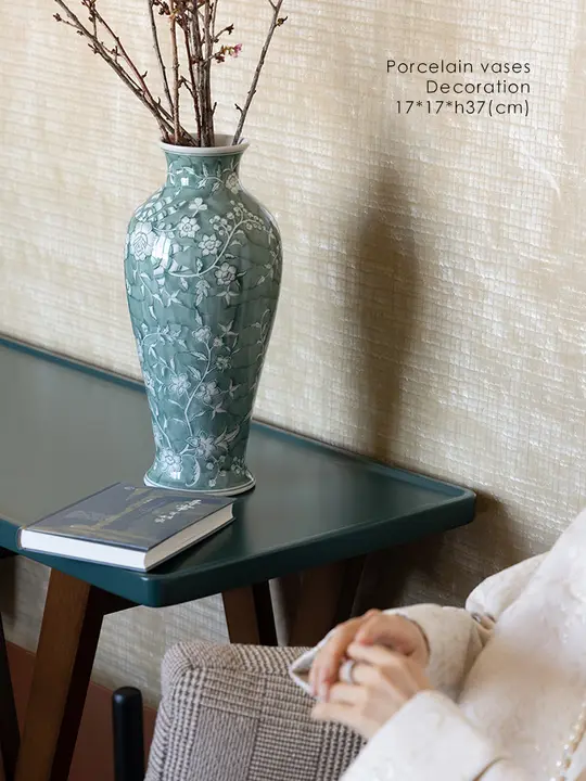 若奈 グリザイユ手描き彩色花瓶【青緑色・連理枝デザイン・インテリア装飾用】