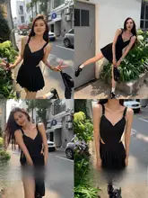 デザイン性の高いVネックキャミソール【ブラック・胸パッド付き・フィット感・夏用】