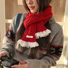レース付きニットウールスカーフ【秋冬用・保温・学生向け・おしゃれなショール】