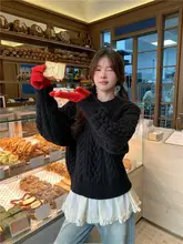 麻花デザインの粗針編みセーター【ゆったりしたクルーネック・女性用】