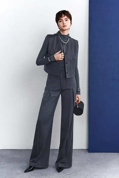 ハイウエストワイドパンツとジャケットベスト【カジュアルシルエット・ラウンドネック】（セットアップ対応）