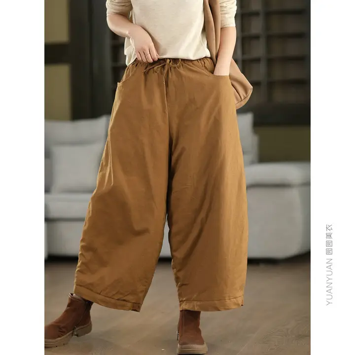 冬季用 ヴィンテージ風 100%漢麻の裏地付きパンツ【ウエストゴム・厚手・保温・ワイドレッグ】