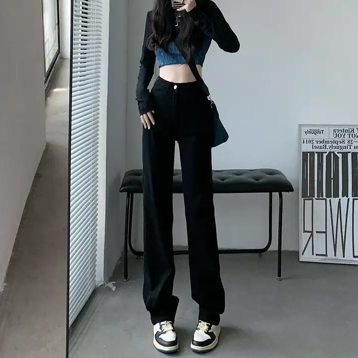 ブラックスリムデニムパンツ【ハイウエスト・ロングストレート・女性用】（セットアップ対応）