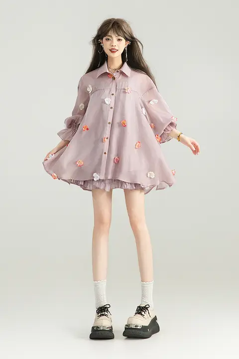 長袖ブラウス レディース オーガンジー 立体フラワー ラベンダー 薄手 UVカット 羽織り おしゃれ きれいめ 秋 「KEIKO」