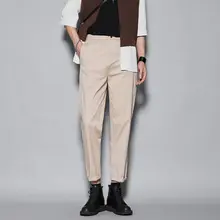 洗いざらしコットン製 ベージュ 袖口絞りデザイン 九分丈 メンズスリムパンツ