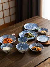 日本製 ブルー桜デザイン 陶器製食器セット【家庭用・ご飯茶碗・大皿・麺鉢】