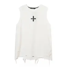 タンクトップ ユニセックス レザー刺繍 クローバー柄 ダメージ加工 オーバーサイズ ストリート 夏 「ROMECL」