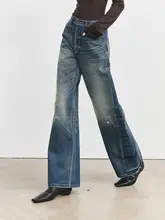 配色ウォッシュ加工デニムストレートパンツ【ひび割れ・ダメージ加工・スリムシルエット】