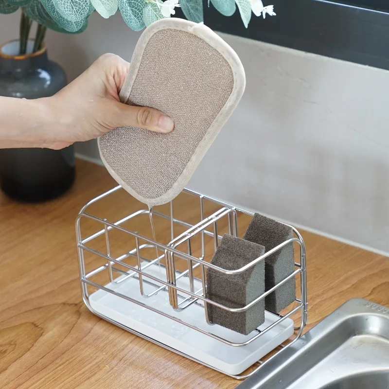 キッチン用ステンレススチール製スポンジ水切りラック：穴あけ不要で効率的な洗い物布収納