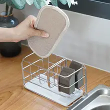 キッチン用ステンレススチール製 スポンジ水切りラック【穴あけ不要・壁掛け・洗い物布収納】