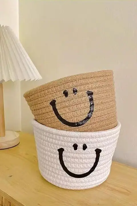 笑顔デザインのコットンロープ製デスク用収納ボックス【キー収納・手作り・インテリア】