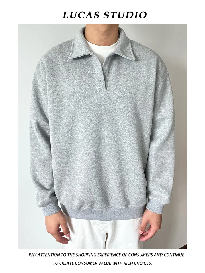POLOカラーの重厚感あるスウェットシャツ【男女兼用・秋冬用・厚手・ゆったりサイズ】