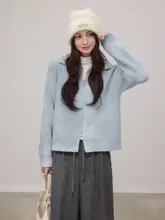 ブルーのダブルジップ翻訳カラーセーターコート【女性用・ルーズフィット・ニットカーディガン】