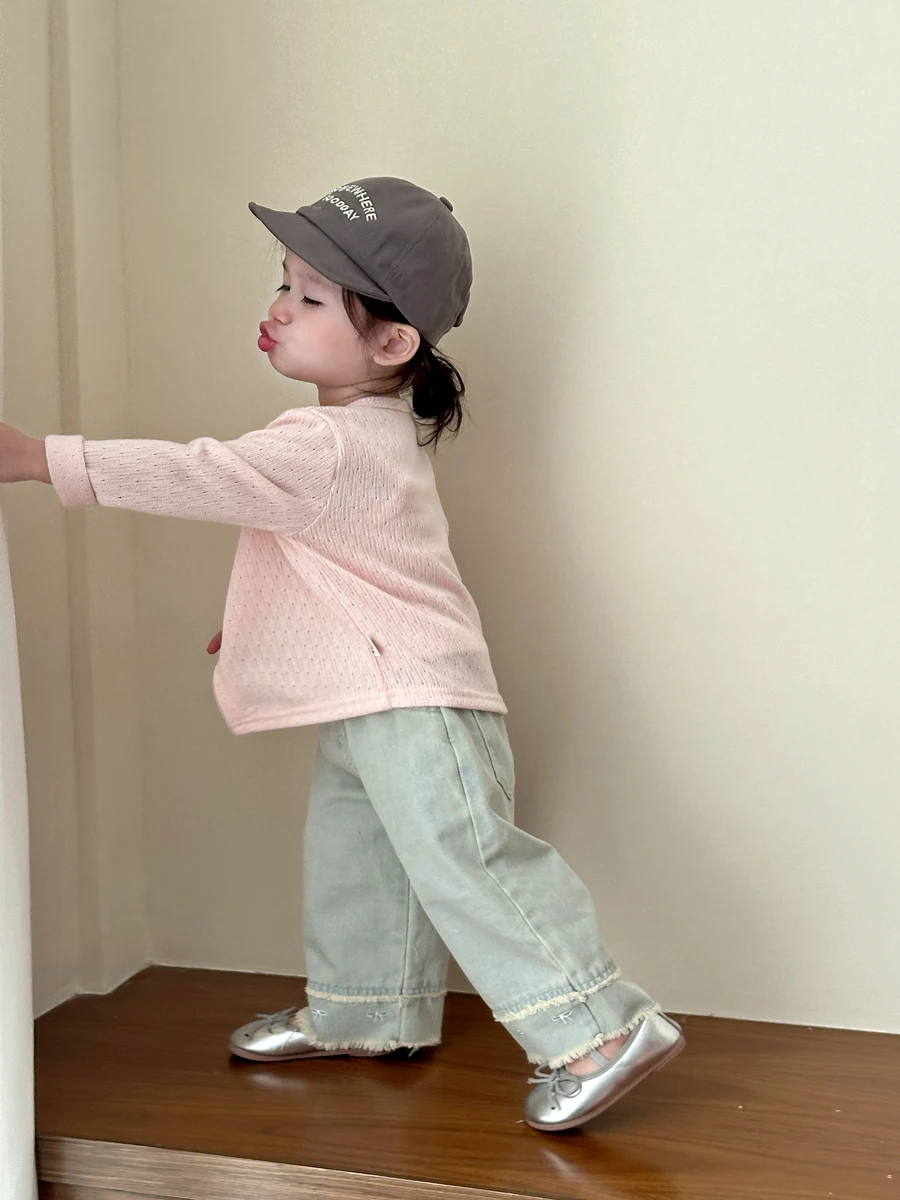 女の子用デニムパンツリボン付きワイドレッグストレート：カットオフデニム2026の代替としての選択肢