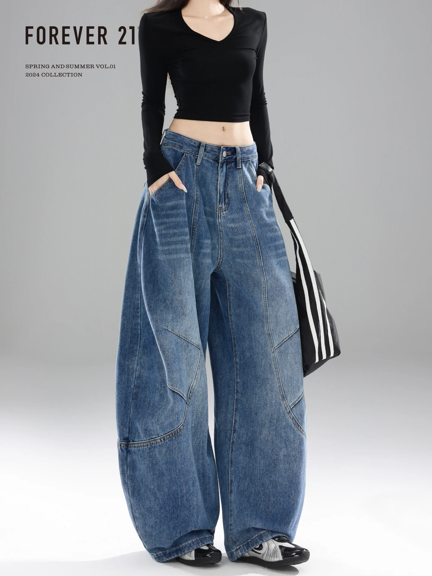 レディース ヴィンテージ風 ブルー ワイドレッグデニムパンツ【ハイウエスト・ストレート・梨型身型対応】