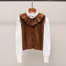 冬季復古デザインの立襟フリルニットシャツ【レイヤード風】