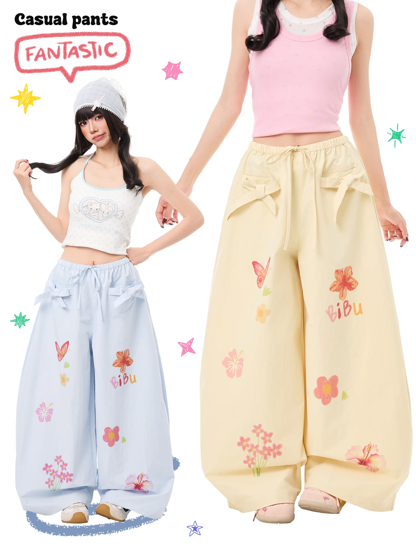 アングラ風 蝶柄プリントのワイドパンツ：おしゃれな女性らしいスタイルを実現するバックリボンストレートパンツ