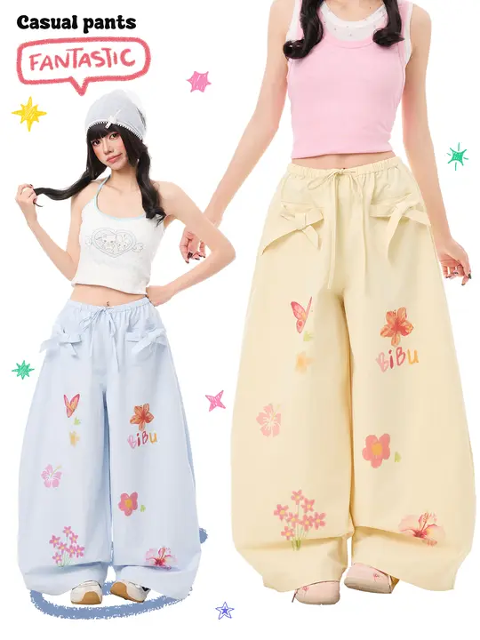 ワイドパンツ レディース 蝶柄 背面 蝶結び サブカル ルーズ カジュアル 「K787」