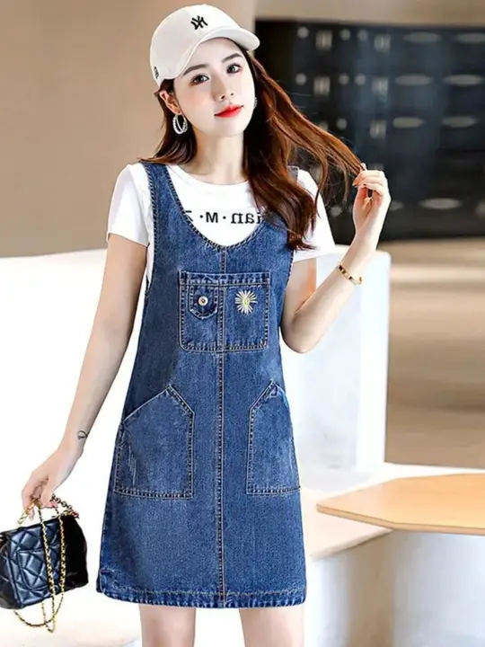 ハイウエストのスタイリッシュなデニムサロペットドレス【シルエットを引き立てる・夏向け・女性用】