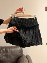 黒地に水玉模様のハイウエストAラインスカート【女性用・夏用・短め】